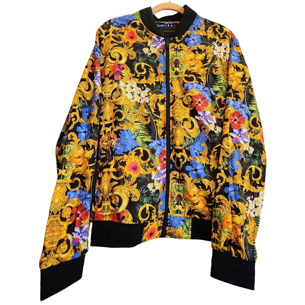 Denim & Flower Bomber Jacket Mens Large Gold Floral Baroque Excellent Streetwear